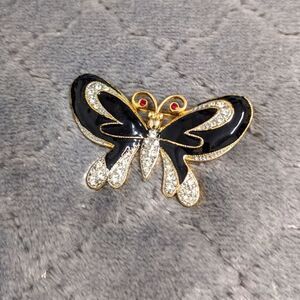 Vintage 1980's Black Enamel & Rhinestone Butterfly Brooche